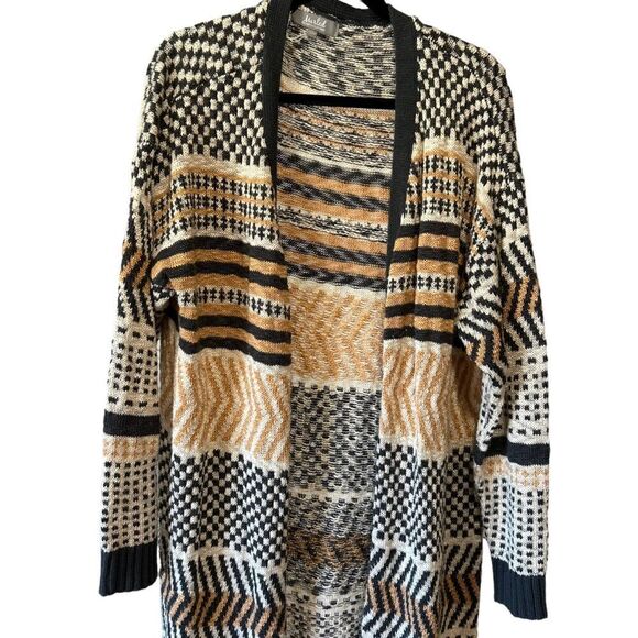 MARLED by REUNITED Color Blocked Striped Print Tan, Gray Boho Aztec Cardigan - Picture 4 of 10